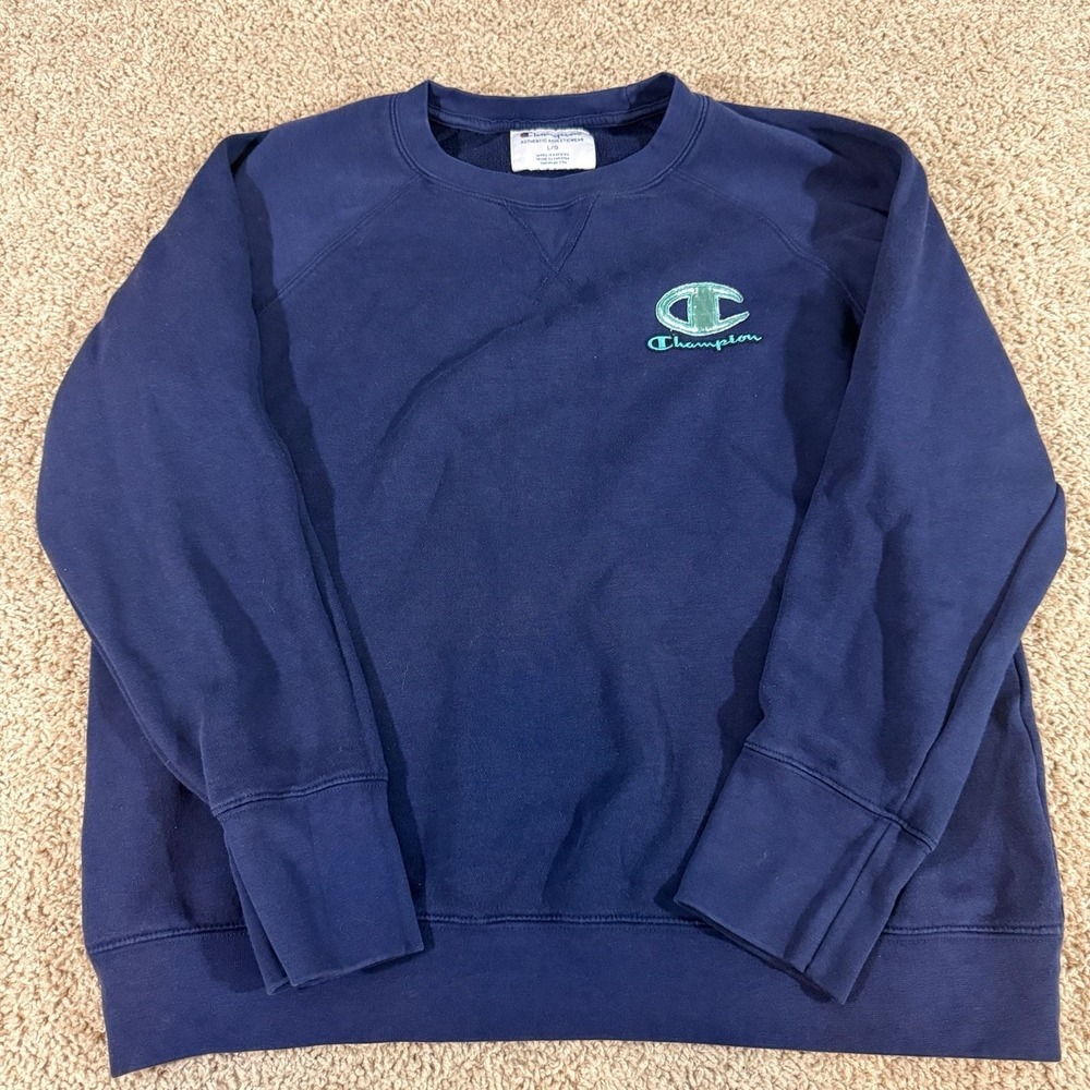 Champion‎ Reverse Weave Crewneck Sweatshirt Navy Blue Big Logo Mens Large C Logo